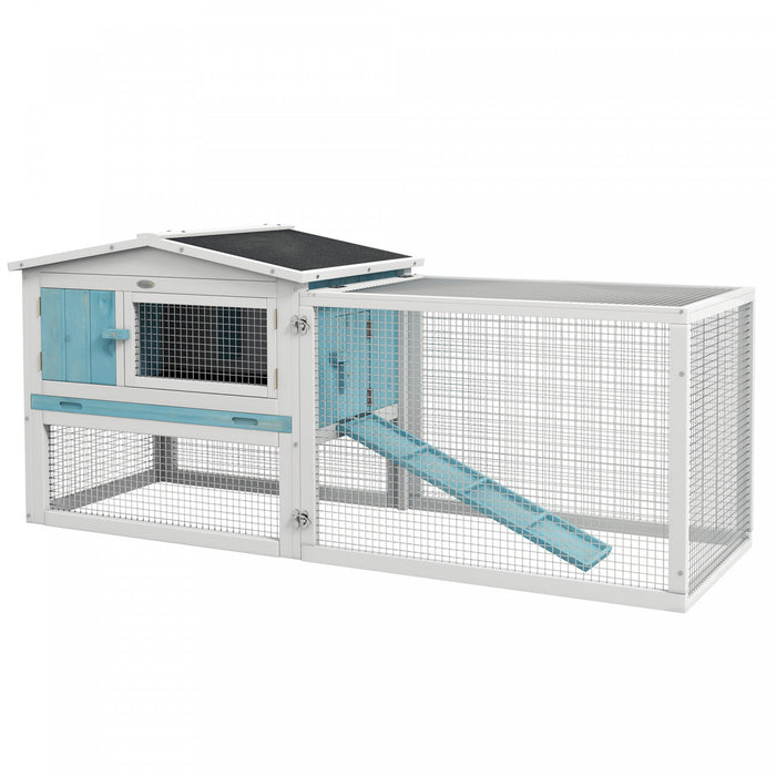 Pawhut 61'' L 2-story Rabbit Hutch Bunny Cage Small Animal House With Pull Out Tray, Detachable Run, Ramp, For Indoor Outdoor, Light Blue