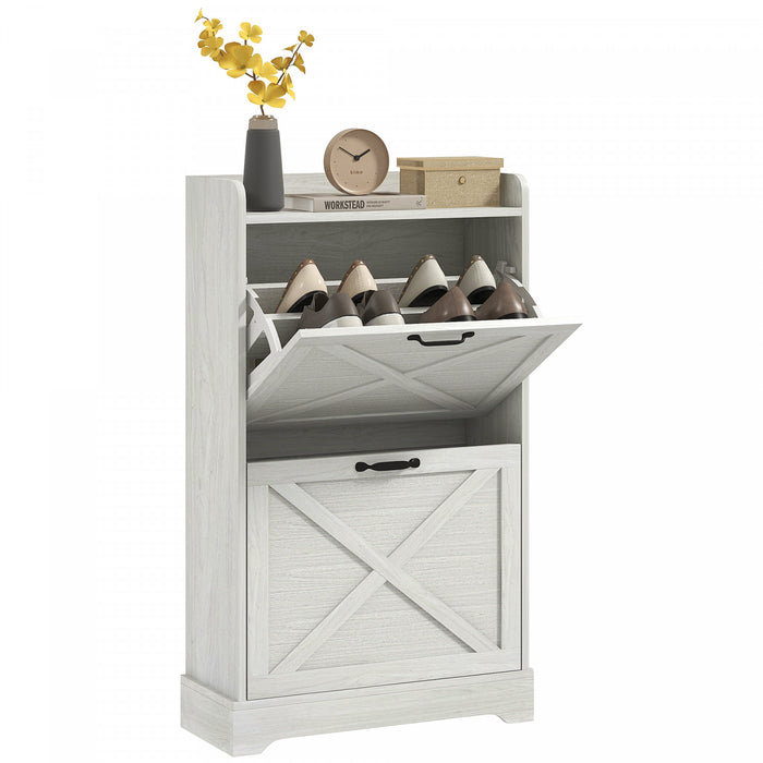 HOMCOM Farmhouse Slim Shoe Cabinet with 2 Flip Drawers Adjustable Shelves