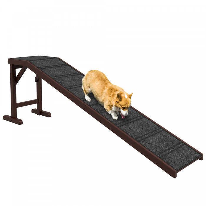 Pawhut Pet Ramp Bed Steps For Dogs Cats Non-slip Carpet Top Platform Pine Wood 74\"l X 16\"w X 25\"h Brown Grey