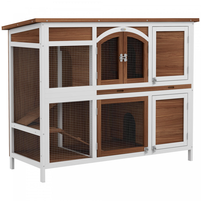 PawHut 49\"L Wooden Rabbit Hutch, Two Story Bunny Cage with Ramp, Divider, Indoor Outdoor Guinea Pig Cage with Openable Roof and Slide-Out Tray, Brown