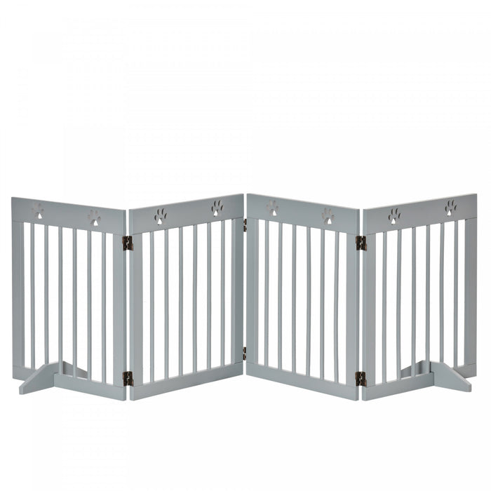 Pawhut Freestanding Pet Gate 4 Panel Wooden Dog Barrier Folding Safety Fence With Support Feet Up To 80.25\" Long 24\" Tall For Doorway Stairs Light Grey