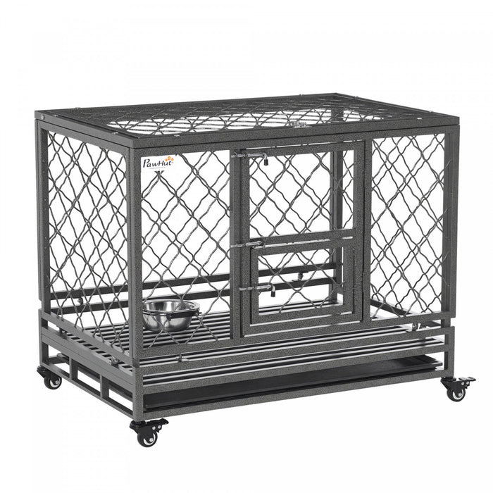 Pawhut Heavy Duty Dog Crate, Metal Dog Kennel Cage With Wheels, Openable Top, Removable Tray, Stainless Steel Bowl, For Small, Medium, Large Dogs, 36.4\" X 24.4\" X 31.1\"