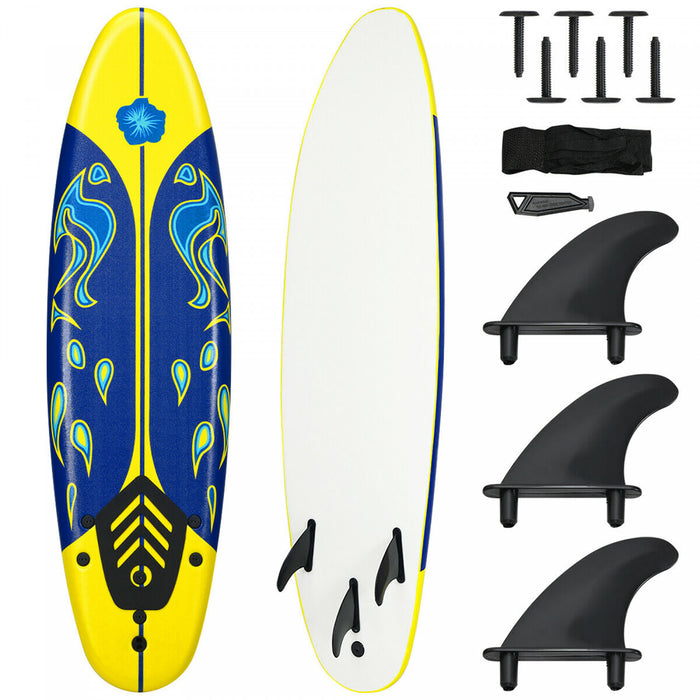 Costway 6' Surfboard Foamie Body Surfing Board W/3 Fins & Leash For Kids Adults Yellow