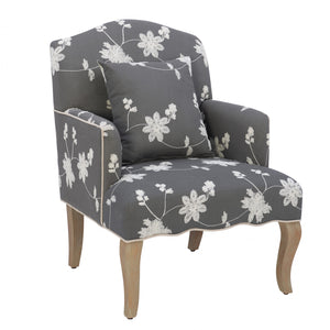 Kenna Embroidered Linen-Look Fabric Floral  Accent Chair - Grey