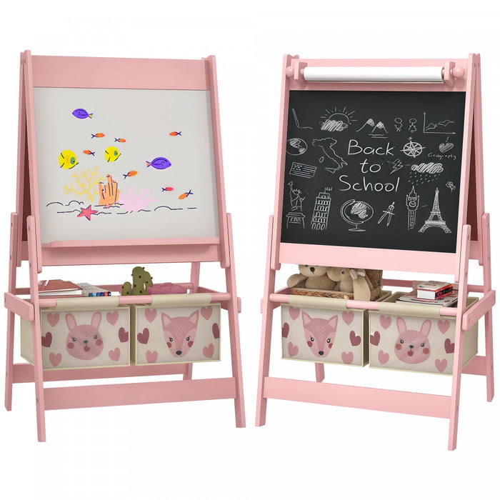 Qaba Art Easel for Kids, 3-in-1 Double-Sided Kids Easel with Paper Roll, Whiteboard & Chalkboard, 2 Storage Boxes, Gift for Boys, Girls Ages 3-8, Pink, Fox and Rabbit