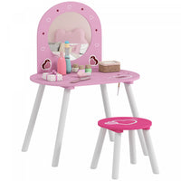Qaba Kids Vanity Set with Mirror and Stool, Girls Dressing Table, Toddler Makeup Vanity Table with Heart Pattern for Bedroom, Nursery, for Ages 3-6, Pink
