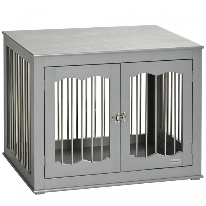 Pawhut Dog Crate Furniture, 32\" Dog Kennel Side End Table With Three Doors, Locks, Dog Cage For Indoor Use, For Small Medium Dogs, Grey