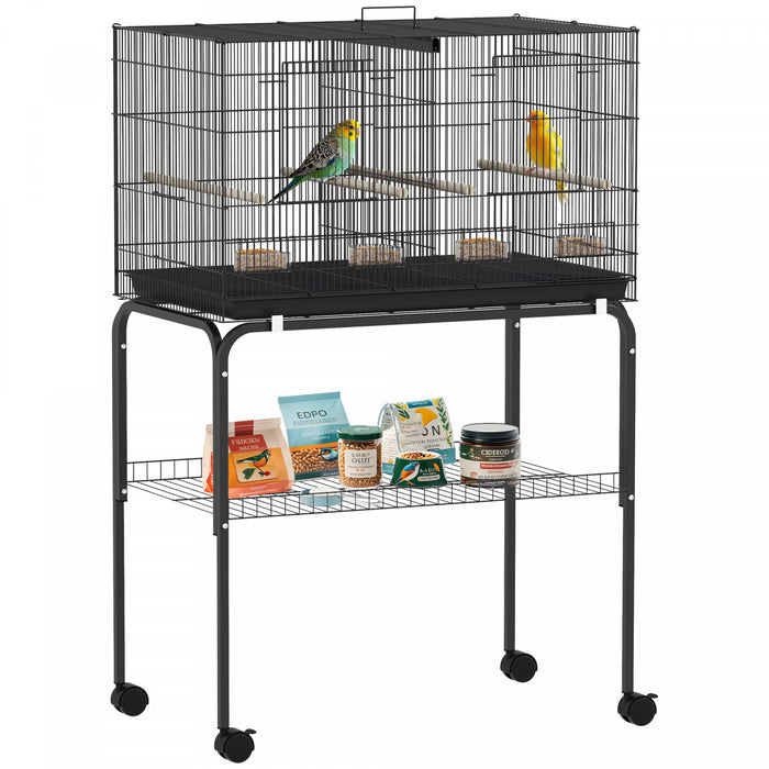 PawHut 46\" H Bird Cage, Parakeet Cages for Budgie, Lovebird, Canary, Finches with Divider, Wheeled Stand, Shelf, 4 Wooden Perches, Slide Out Tray, 4 Feeders, Black