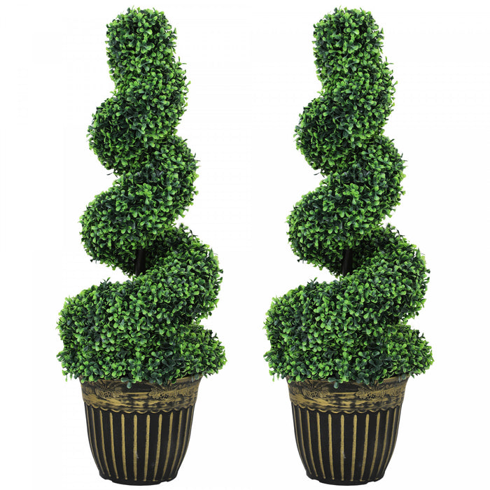 HOMCOM Set of 2 Artificial Plants Topiary Spiral Boxwood Trees in Pot