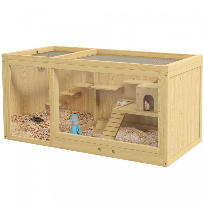 Pawhut Wooden Hamster Cage, Multi-layer Mouse Cage With Pull-out Tray, Seesaws, Water Bottle, Ladder, Small Animal Habitats For Dwarf Hamster, Gerbil