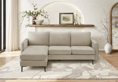 Upholstered, Chaise Sofa Lounger, 85" Wide, Beige Fabric, Black Metal Legs Sofa | Sofa Chaise Longue Rembourre, 85" De Large, Tissu Beige, Pieds En Metal Noir