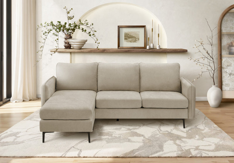 Upholstered, Chaise Sofa Lounger, 85\" Wide, Beige Fabric, Black Metal Legs Sofa