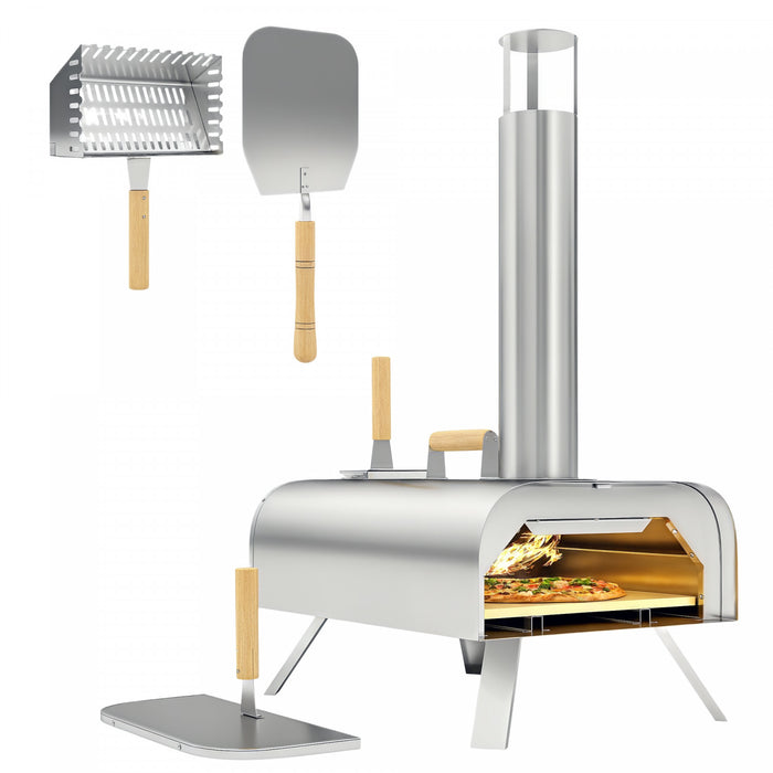 Outsunny Outdoor Pizza Oven, Portable Wood Pellet Pizza Oven with Pizza Stone and Peel, Foldable Legs, Chimney, 12 Inch Wood Fired Pizza Maker for Outdoor Cooking, Stainless Steel