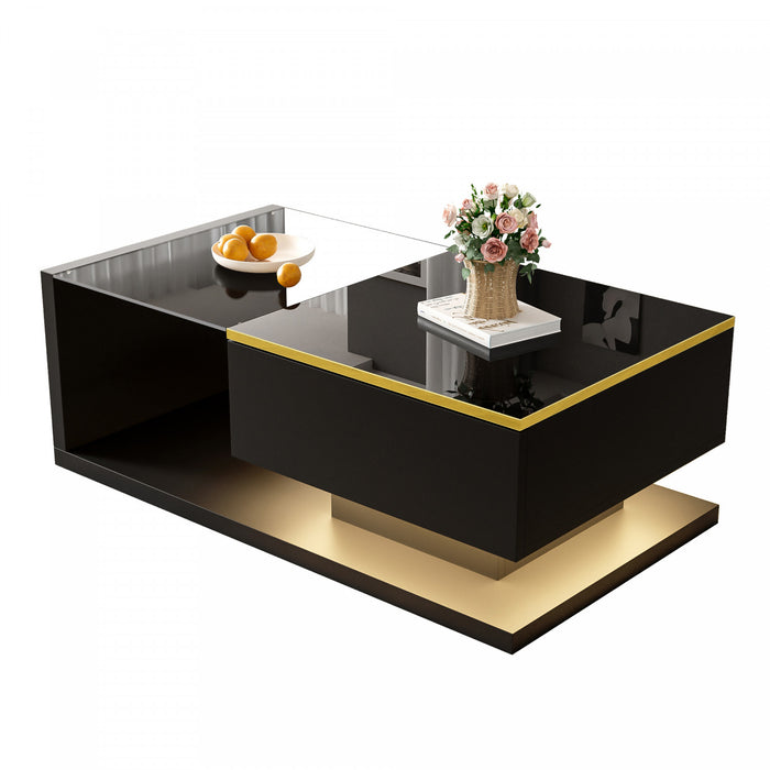 Maxwell High-Gloss 39.4\" Long Coffee Table with Glass and LED Effect,Black