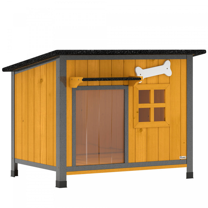 PawHut Dog House Anti-Chewing Steel Frame, Wooden Dog Kennel House with Openable Roof, Removable Floor, Door Curtain, Weatherproof Pet Shelter for Outdoor Indoor