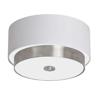 Dainolite Larkin 3 Light Flush Mount Satin Chrome Finish White Fabric Shade Frosted Glass Diffuser Lamp|Plafonnier affleuré Larkin de Dainolite en verre givré, avec abat-jour en tissu blanc qui diffuse la lumière, fini chromé satiné et 3 ampoules