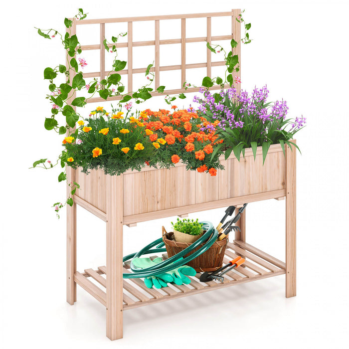 Costway Raised Garden Bed Elevated Wooden Planter Box W/ Trellis & Open Storage Shelf