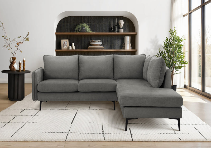 Upholstered Sofa Sectional, 86\" Wide, Grey Fabric, Black Metal Legs Sectional