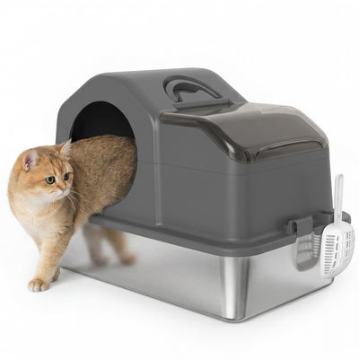 PawHut Stainless Steel Cat Litter Box with Removable Lid, Extra Large Enclosed Litter Box with High Sided, Scoop, Odor Free, Non-Sticky, Anti-Leakage, Easy Clean, Dark Grey