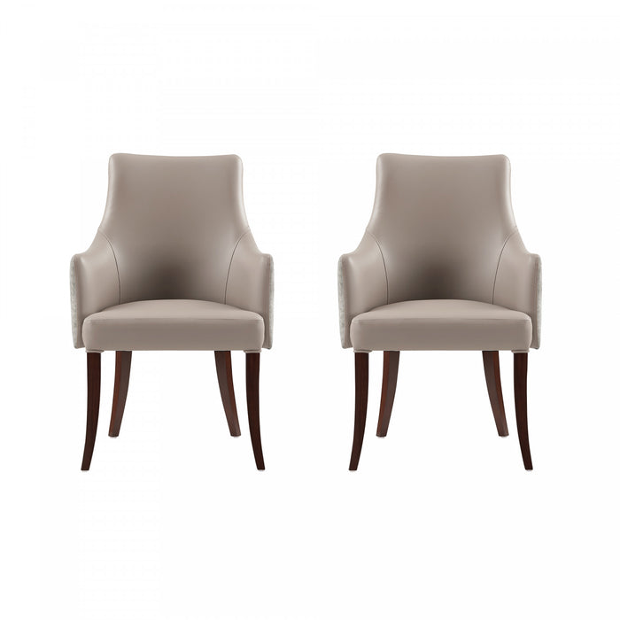 Connie Modern Vegan Leather and Velvet Wood Armchair in Taupe - Set of 2 Dining Chair
