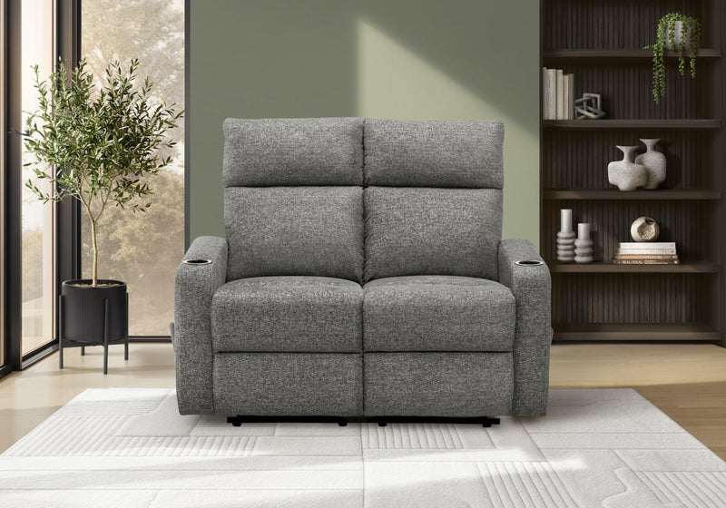 Upholstered 2-Seater Small Reclining Love Seat, 50\" Wide, Dark Grey Fabric, Contemporary Recliner