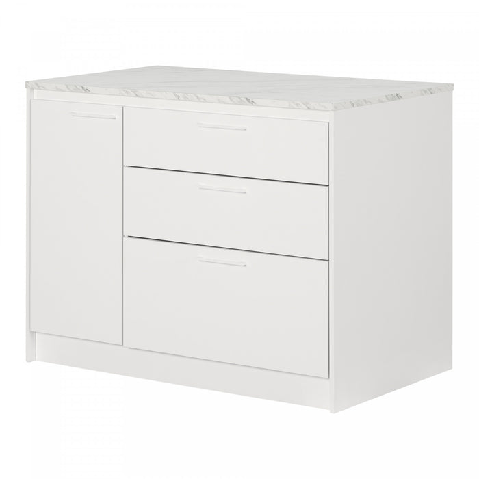Myro Kitchen Island With Door And Drawers - Faux White Marble And White 