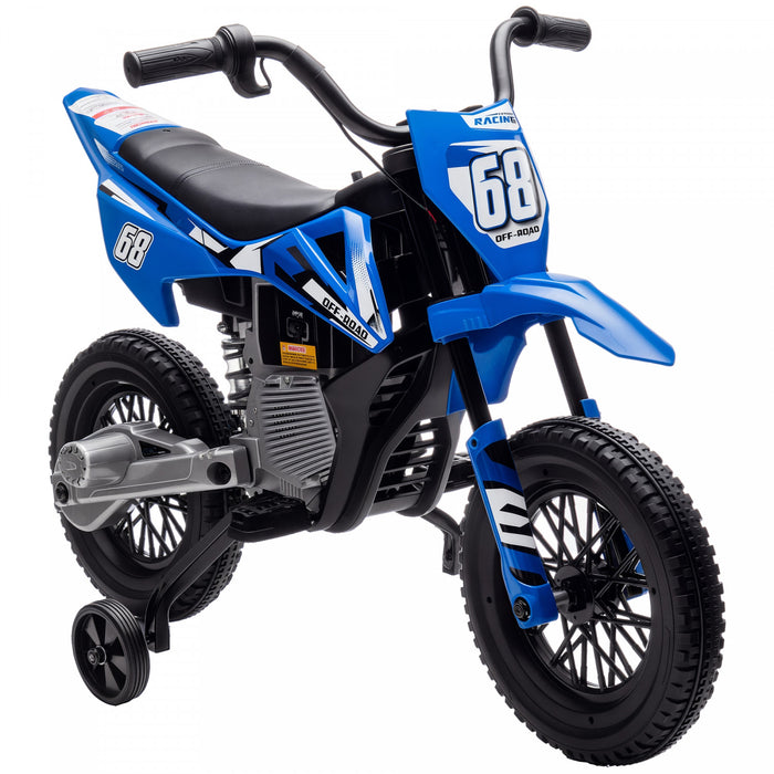 Qaba Kids Dirt Bike with Twist Grip Throttle, 12V Electric Motorcycle, Electric Bike with Training Wheels, Spring Suspension & Music, for Toddler 3-6 Years, Blue