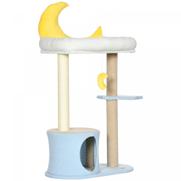 Pawhut 41\" Lovely Cat Tree For Indoor Cats With Teddy Fleece House And Bed, Kitten Tower With Scratching Post, Hanging Moon Shaped Toy, Star Platform, Blue