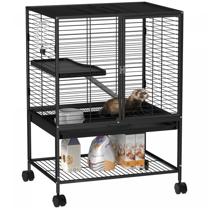 Pawhut Small Animal Cage With Wheels, Pet Playpen For Rat, Kitten, Ferrets, Chinchillas With Bottom Storage Shelf, Removable Tray, Ramp, 24.2\" X 17.9\" X 33.9\", Black