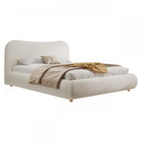 Camille Platform Bed with Curved Headboard and Luxurious Boucle Upholstery,Queen Size,White Queen Bed  
