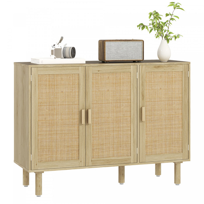 HOMCOM Bohemian Sideboard with 3 Rattan Doors and Shelves Oak
