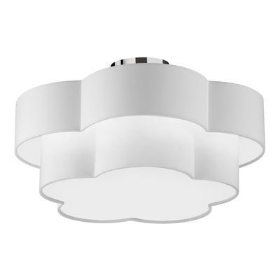 Dainolite Phlox 3 Light Flush Mount Large Polished Chrome White Shade Lamp|Grand plafonnier affleuré Phlox de Dainolite avec abat-jour blanc, fini chromé poli et 3 ampoules