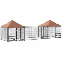 Pawhut Outdoor Dog Kennel With Two Rooms, Dog Run Outdoor With Rotating And Adjustable Height Bowls, Waterproof Uv-resistant Cover, Secure Lock, 16.2' X 4.7' X 5.1'
