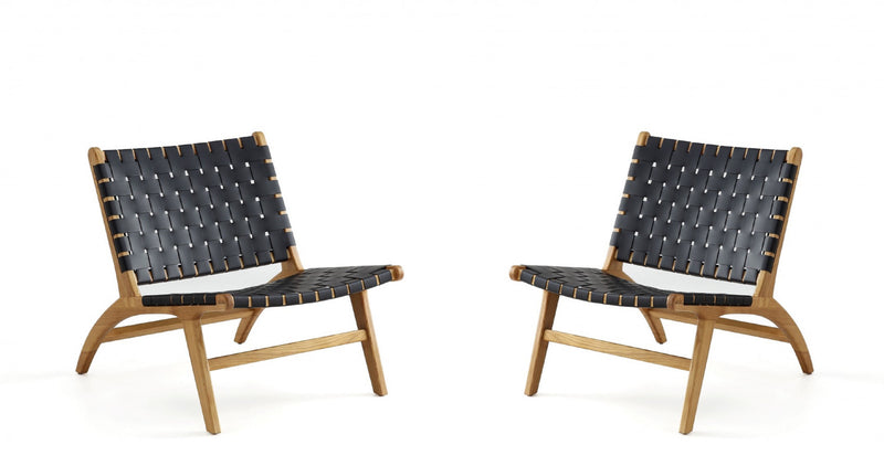 Maintenon Industry Chic Wood Vegan Leather Accent Chair in Black and Natural - Set of 2