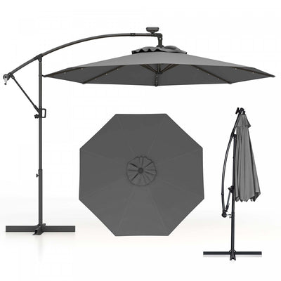 Costway 10FT Patio Offset Umbrella Sun Shade Solar Powered LED 360° Rotation Gray