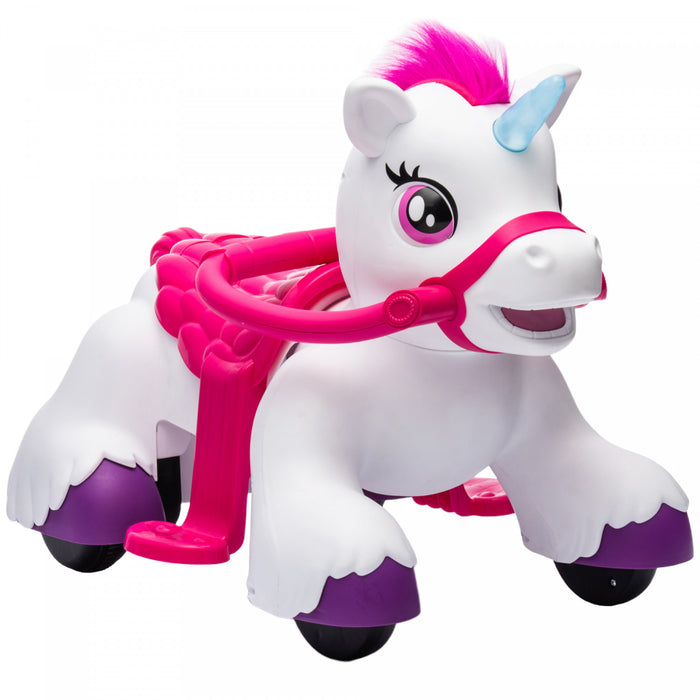 Qaba 12V Unicorn Ride on Toy, Battery Powered Kids Electric Ride on Horse with Carrot Toy, Comb, Animal Sounds, Forward & Backward, Riding Horse for Boys Girls Aged 1.5-3 Years
