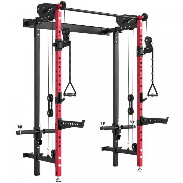 Soozier Foldable Power Cage, Space-Saving Power Rack with Pull-Up Bar, Red