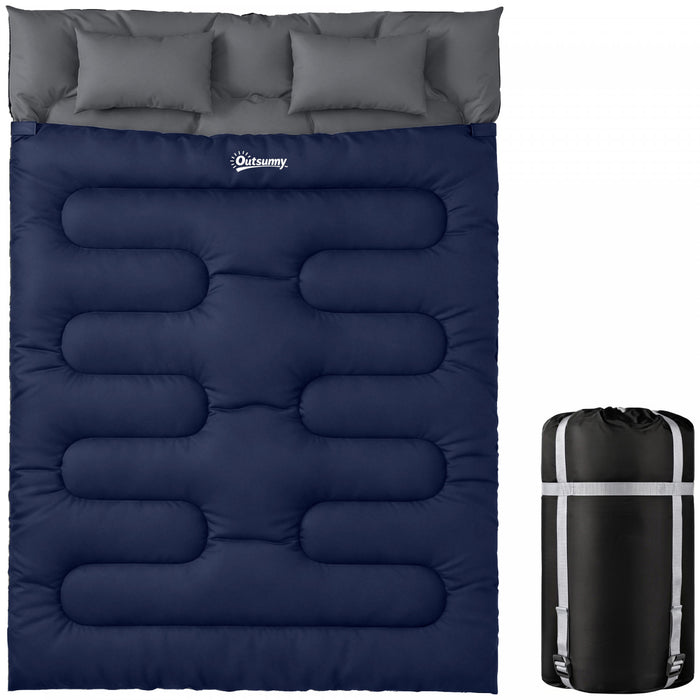 Outsunny Double Sleeping Bag for Adults, Queen Size 2 Person Sleeping Bag, Lightweight Quilt with 2 Pillows, for Cold Weather & Warm, Camping Hiking Backpacking, Dark Blue