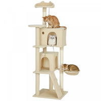 PawHut Cat Tree, 63 Inch Multi-Level Large Cat Tower with Sisal Scratching Posts, Condos, Plush Perches, Hammock, Ladder, Dangling Balls, for Indoor Kittens, Beige
