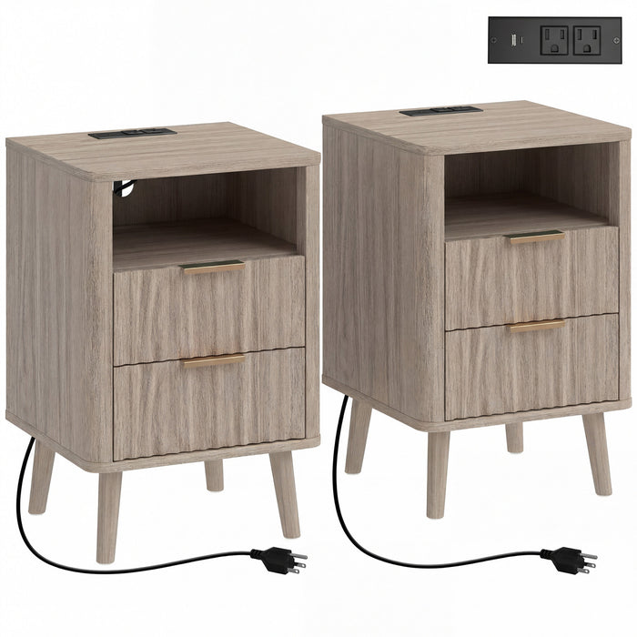 HOMCOM Nightstands Set of 2, Bedside Tables with Charging Station, Grey