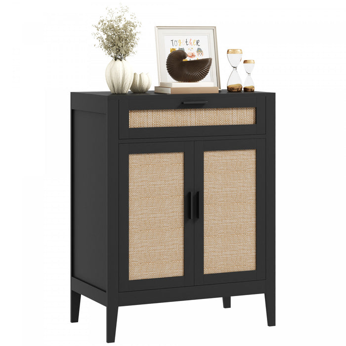 HOMCOM Boho Floor Storage Cabinet with Rattan Decorated Doors Drawer Black
