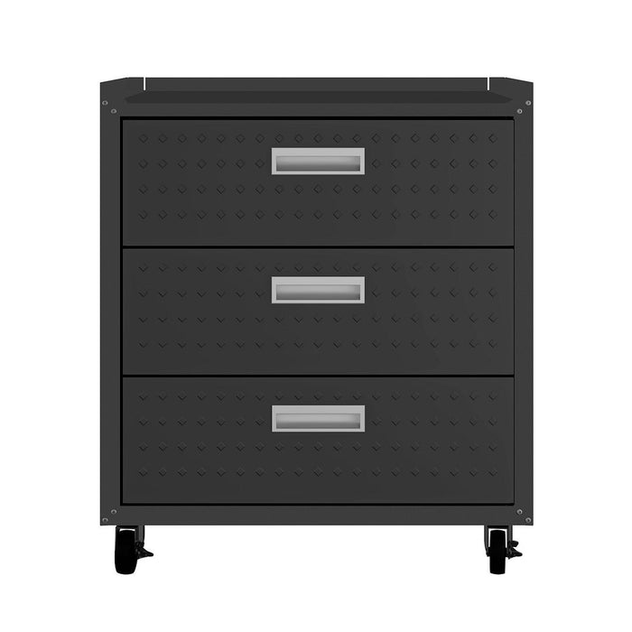 Manhattan Comfort Fortress Textured Metal 31.5\" Garage Mobile Chest with 3 Drawers - Charcoal Grey