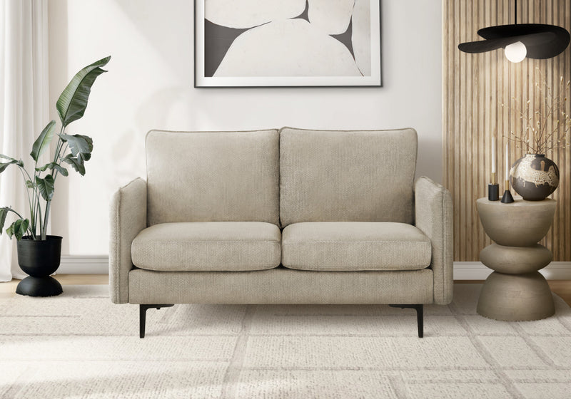 Upholstered Love Seat, 58\" L, Beige Fabric, Black Metal Legs Loveseat