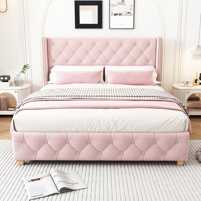 Haley Linen Upholstered Platform Bed with Classic Wingback Headboard and Diamond Tufted Upholstery,Full Size,Pink Full Bed