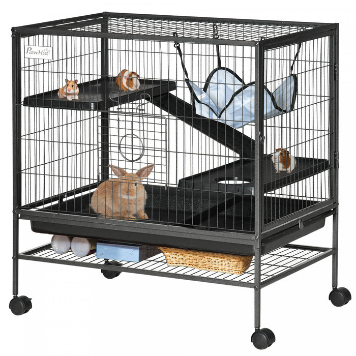 Pawhut Small Animal Cage With Wheels, Pet Playpen For Ferrets, Chinchillas, Guinea Pigs, Kittens, With Bottom Storage Shelf, Removable Tray, Ramp, 31.5\" X 20.5\" X 33.1\"