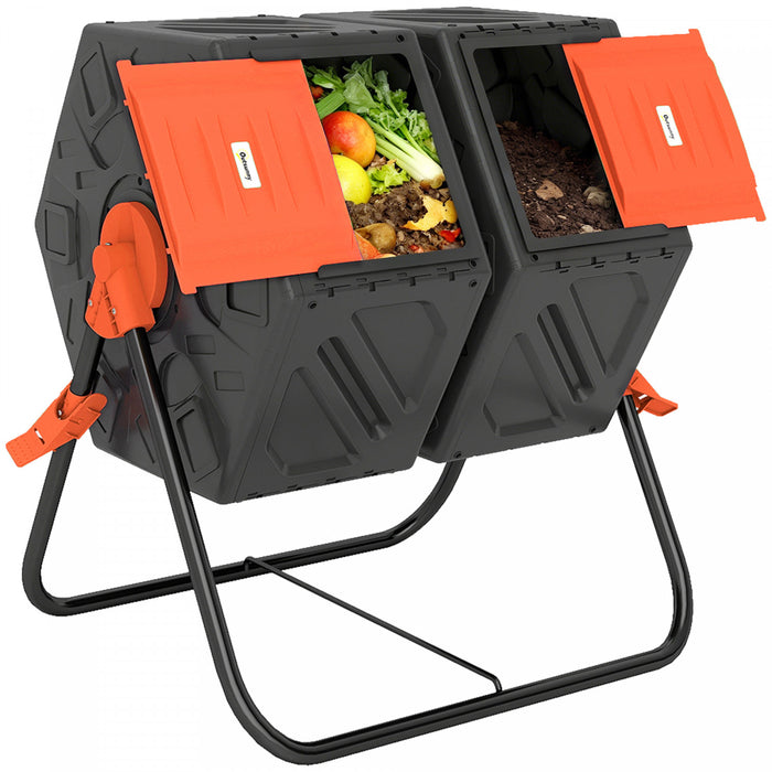 Outsunny 34.5 Gallon Dual Chamber Compost Bin, Rotating Composter, Compost Tumbler with 24 Ventilation Openings and Steel Legs, Orange