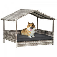 Pawhut Elevated Rattan Dog House Outdoor With Canopy, Wicker Dog Bed With Water-resistant Cushion, F
