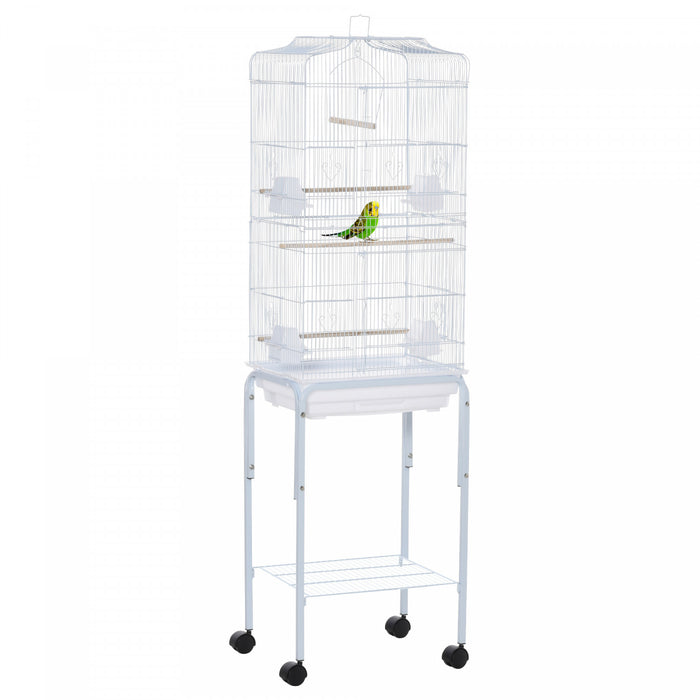 Pawhut 62\" Bird Cage Budgie Cage With Wheels, Detachable Stand, Storage, White