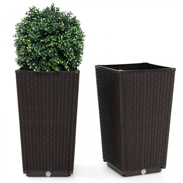 Costway 23\" Tall Planters Set Of 2 Rattan Wicker Plant Pot Self-watering Tree Pot Brown