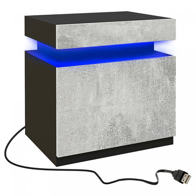 HOMCOM Nightstand, Side Table w/ LED Lights, for Bedroom Cement Grey